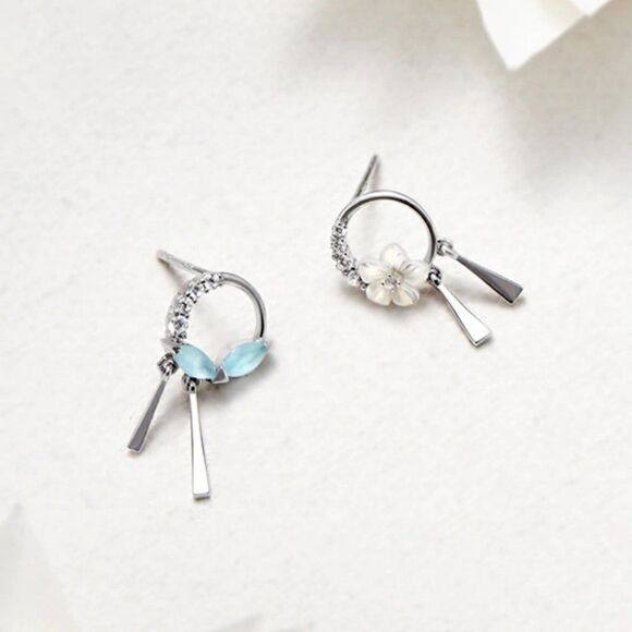 Sterling Silver Asymmetrical Pearl Flower Earrings - Picture 8 of 9